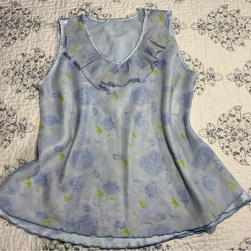 Y2k blue floral print blouse